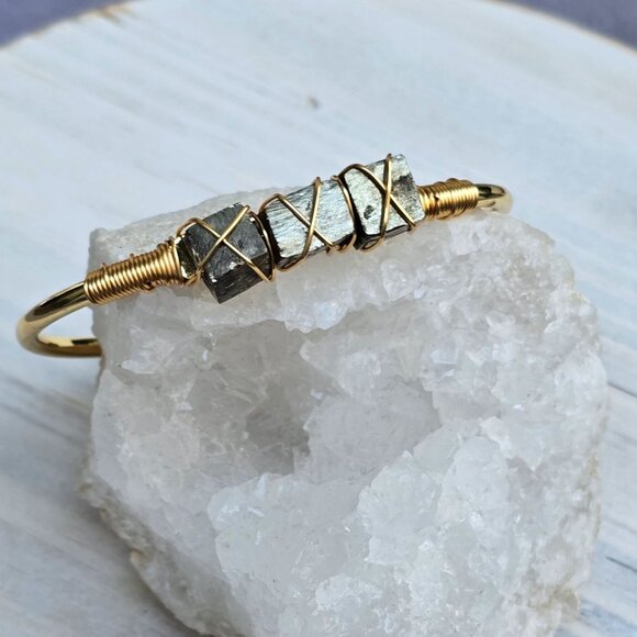 Raw Pyrite Wire Wrap Cuff w/ 14Kt Gold Over Copper – Handmade & Adjustable - Picture 8 of 10